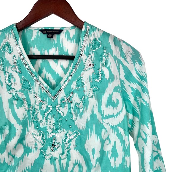 Brooks Brothers 346 Womens Sz XS Teal Green Beaded Tropical Blouse Shirt Top - Picture 4 of 10